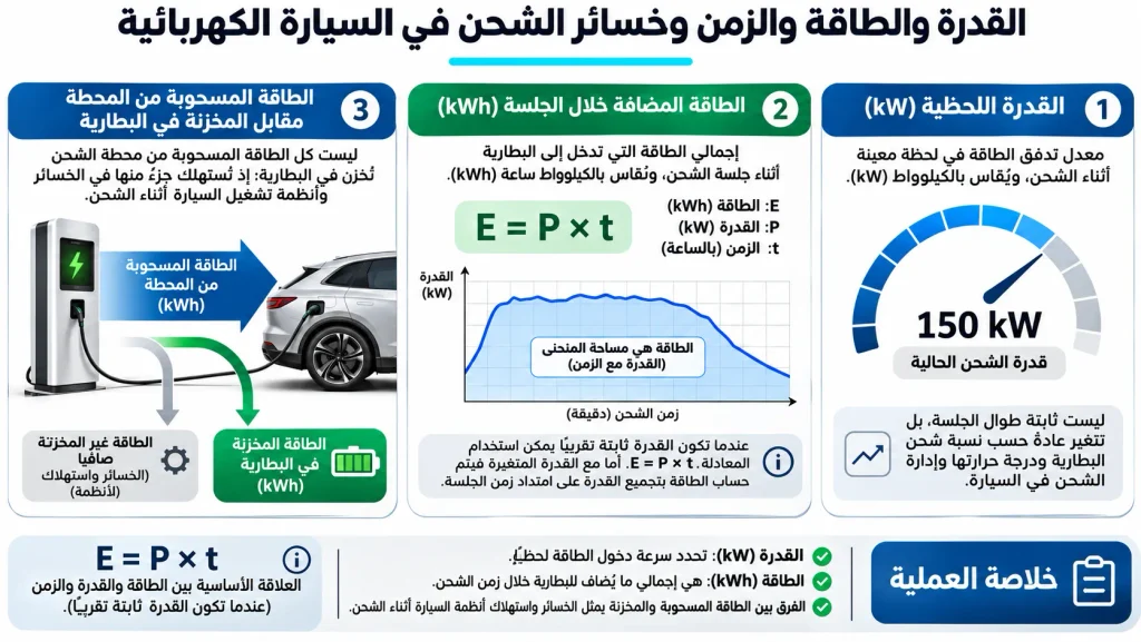 إنفوجرافيك يوضح الفرق بين القدرة بالكيلوواط والطاقة المضافة بالكيلوواط ساعة وزمن جلسة شحن السيارة الكهربائية.