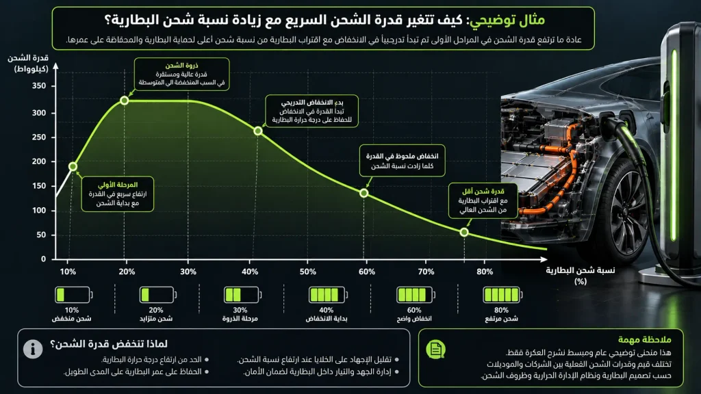 مخطط توضيحي يشرح تغير قدرة الشحن مع ارتفاع نسبة شحن بطارية السيارة الكهربائية.