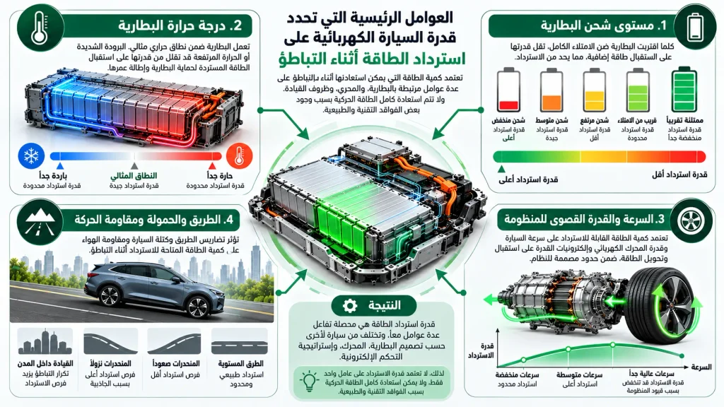 إنفوجرافيك يوضح تأثير مستوى شحن البطارية ودرجة حرارتها والسرعة والطريق في استرداد الطاقة