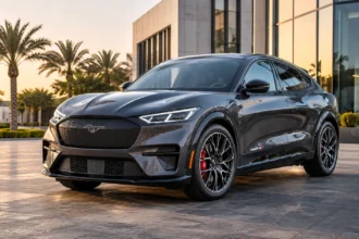 فورد موستانج Mach-E GT الكهربائية بتصميم رياضي أمام مبنى معماري حديث.