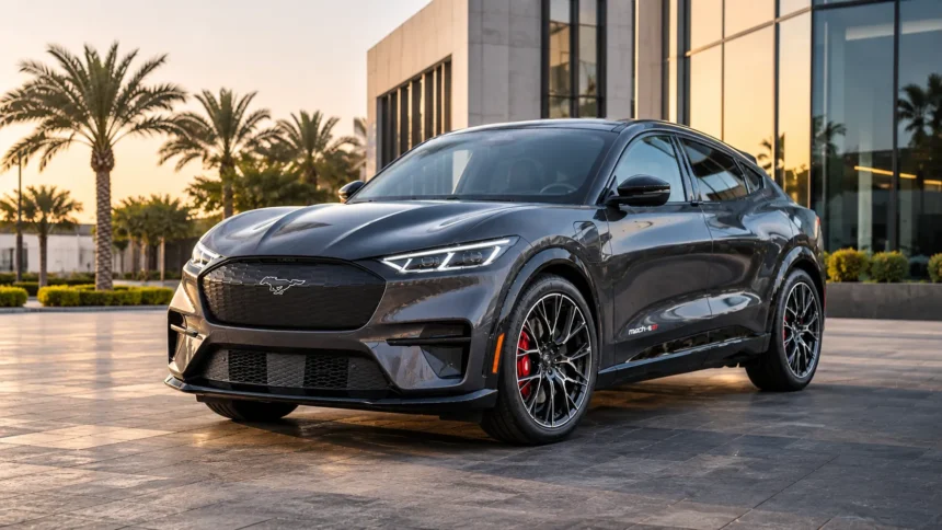 فورد موستانج Mach-E GT الكهربائية بتصميم رياضي أمام مبنى معماري حديث.