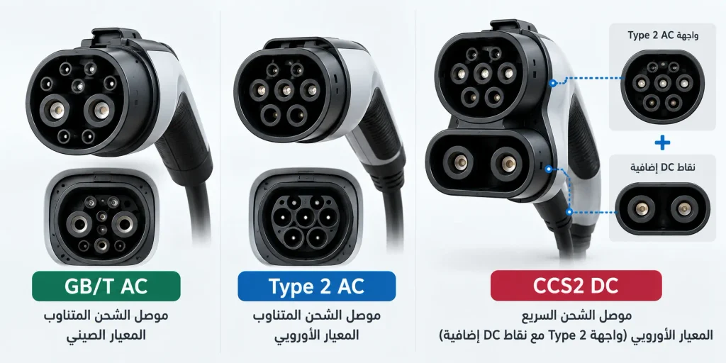 مقارنة بين موصلات GB/T وType 2 وCCS2 للسيارات الكهربائية