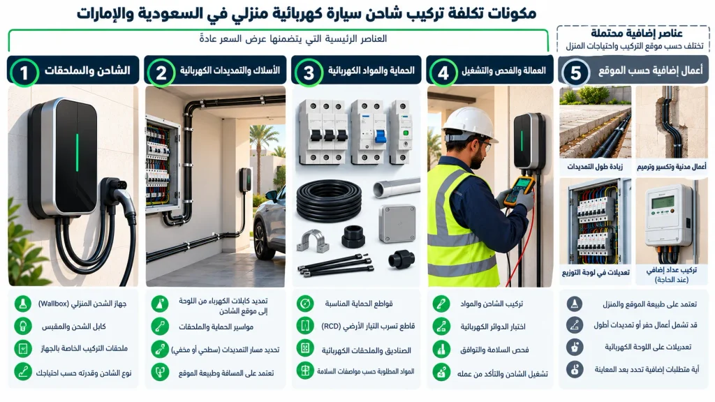 إنفوجرافيك يوضح مكونات تكلفة تركيب شاحن سيارة كهربائية في المنزل