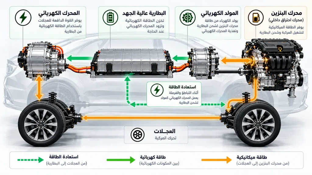 مخطط توضيحي لتدفق الطاقة بين محرك البنزين والمولد والبطارية ومحرك الدفع في السيارة الهجينة.