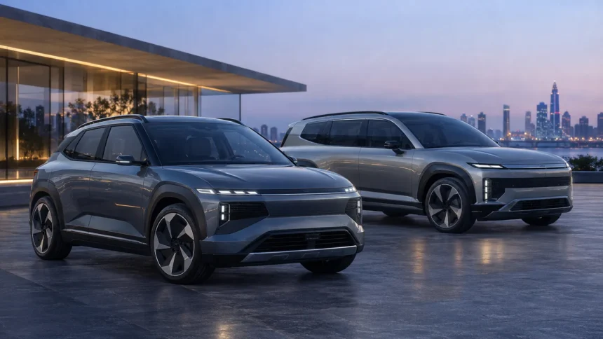تصوّر مفاهيمي لسيارات SUV كهربائية من هيونداي بتصميم عملي وأحجام مختلفة.