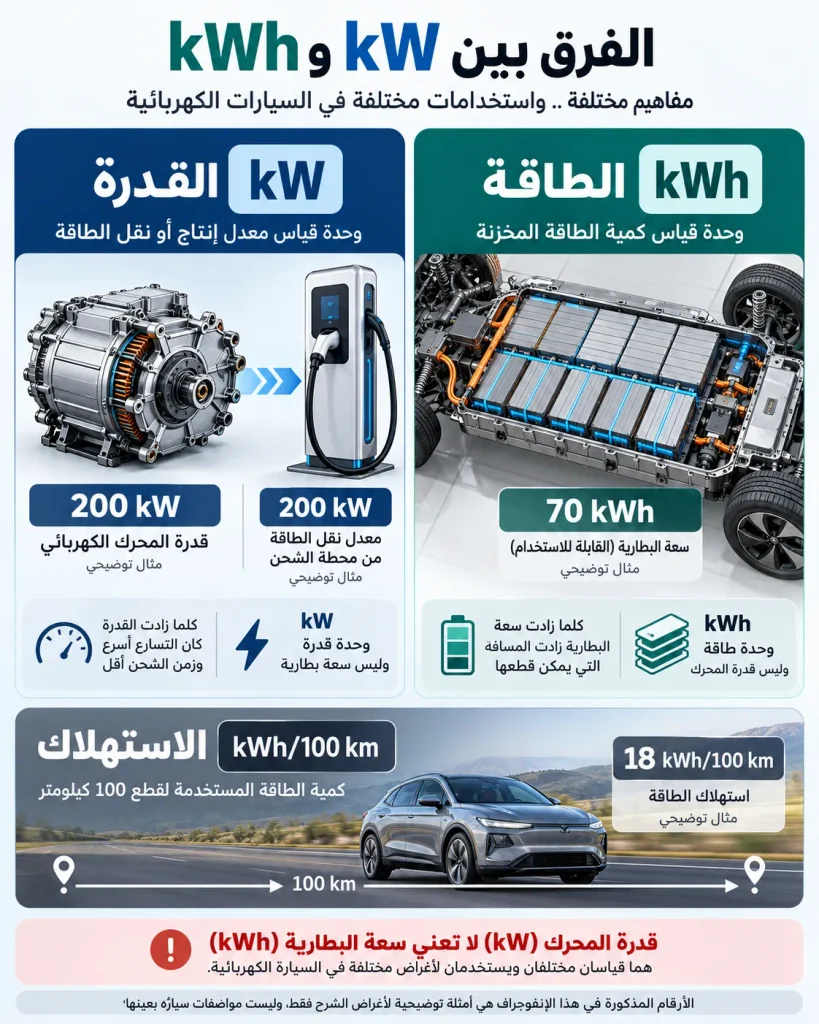 مخطط يوضح الفرق بين kW لقياس القدرة وkWh لقياس الطاقة وسعة بطارية السيارة الكهربائية