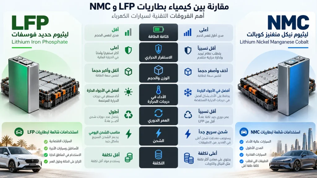 مقارنة توضيحية بين كيمياء بطاريات LFP وNMC في السيارات الكهربائية