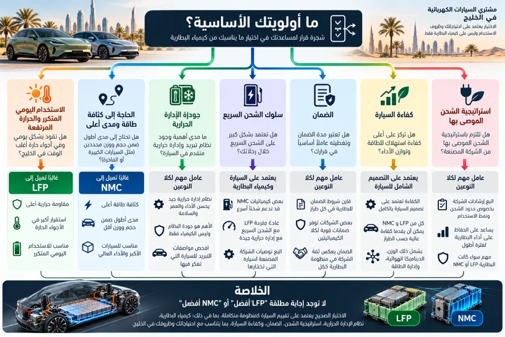 مخطط قرار يساعد على اختيار بطارية LFP أو NMC وفق ظروف الاستخدام في الخليج