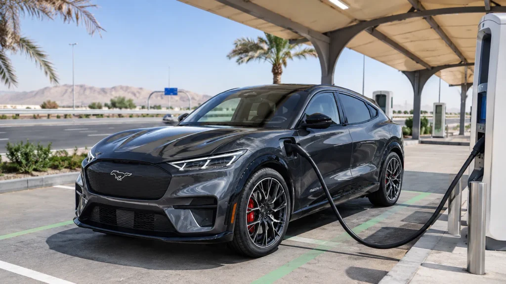 فورد موستانج Mach-E GT عند محطة شحن سريع على طريق سفر مع إبراز أهمية التخطيط للمدى الفعلي.