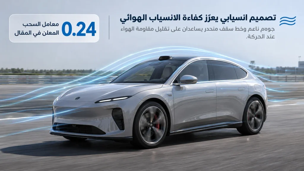التصميم الانسيابي لسيارة NIO ET5 الكهربائية مع توضيح بصري لتدفق الهواء حول الهيكل