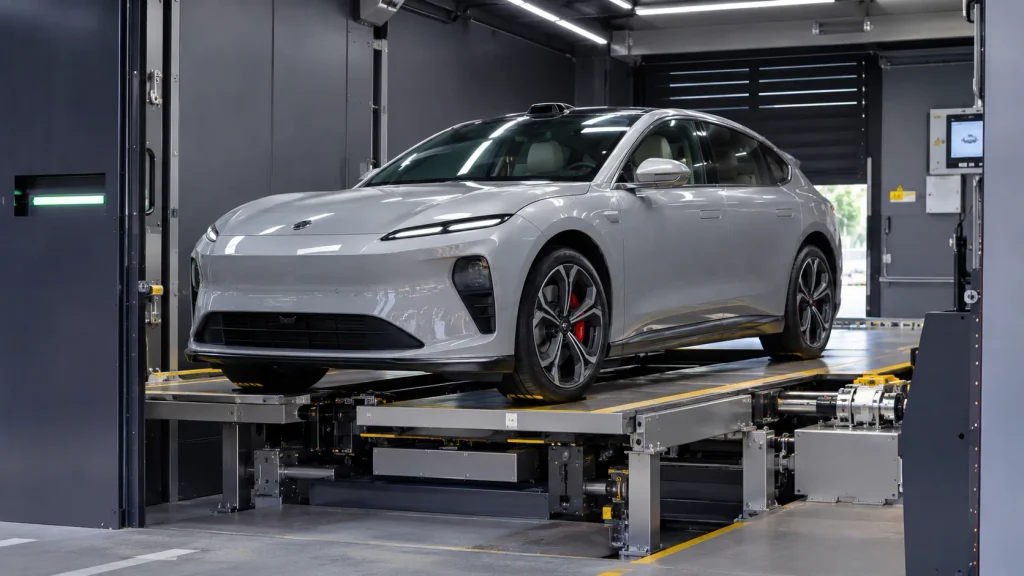 سيارة NIO ET5 داخل محطة تبديل البطارية الآلية أثناء تجهيز المركبة للعملية