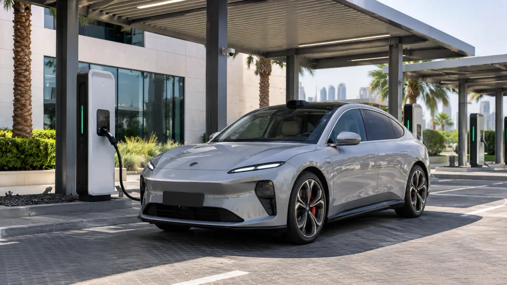 سيارة NIO ET5 متوقفة في منشأة حديثة لخدمات السيارات الكهربائية في الإمارات