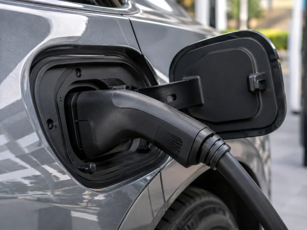 لقطة مقربة لموصل شحن سريع متصل بمنفذ سيارة كهربائية لتوضيح بداية جلسة Plug & Charge.