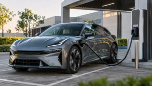 سيارة كهربائية موصولة بمحطة شحن سريع توضح تجربة الشحن بتقنية Plug & Charge.