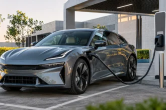 سيارة كهربائية موصولة بمحطة شحن سريع توضح تجربة الشحن بتقنية Plug & Charge.