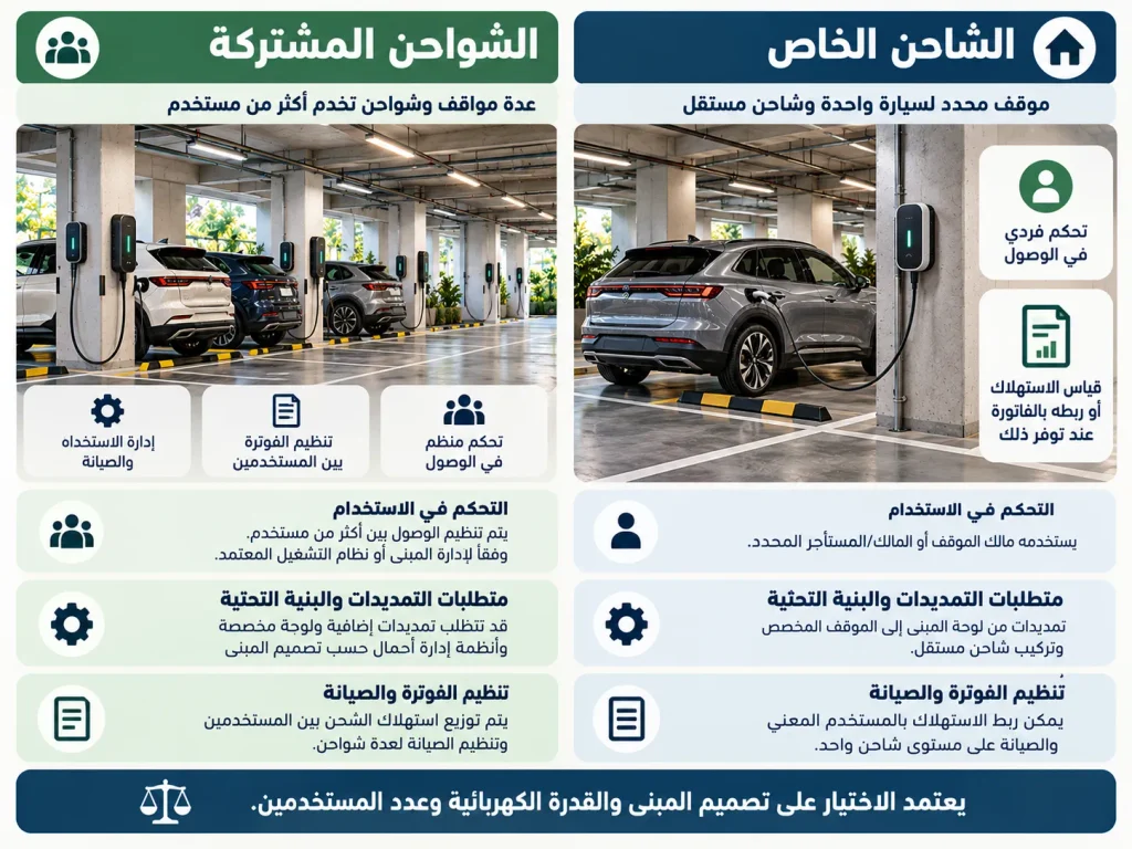 مقارنة توضيحية بين الشاحن الخاص والشاحن المشترك للسيارات الكهربائية في مواقف العمارات