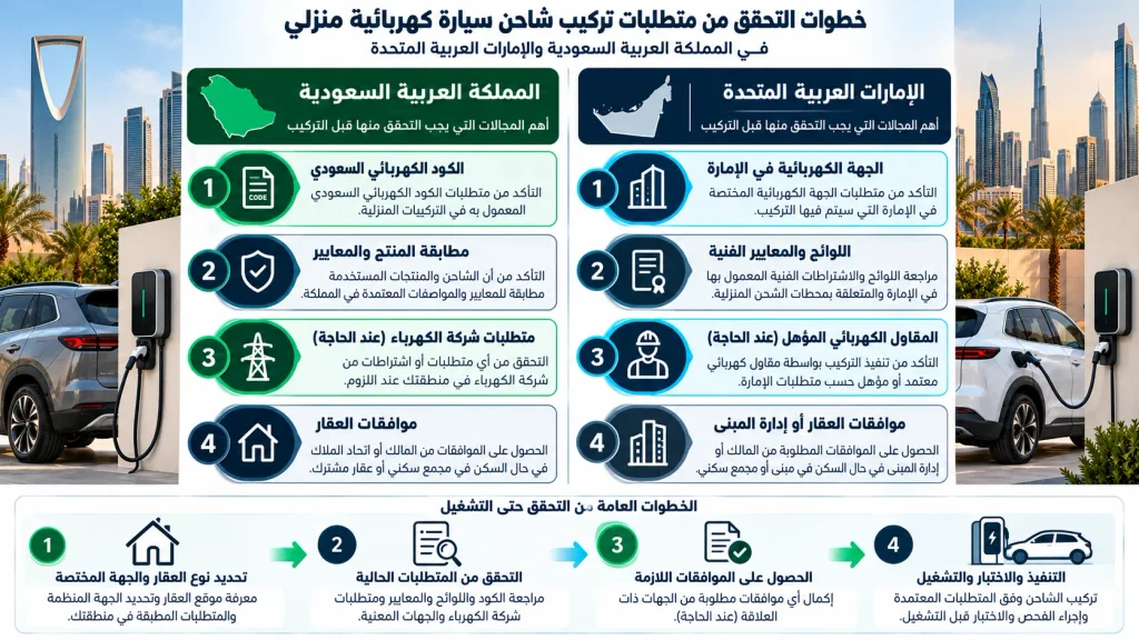 مخطط يوضح الجهات والاشتراطات التنظيمية لتركيب شاحن سيارة كهربائية في السعودية والإمارات