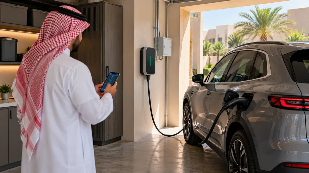 شاحن سيارة كهربائية ذكي في المنزل مع متابعة إعدادات الشحن عبر الهاتف