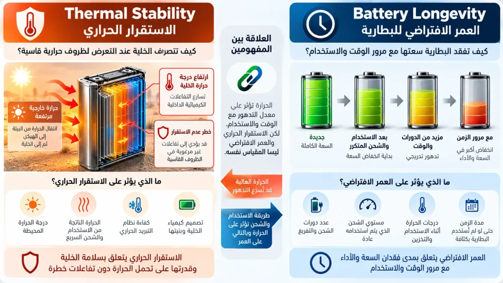 مخطط يوضح الفرق بين الاستقرار الحراري والعمر الافتراضي لبطارية السيارة الكهربائية