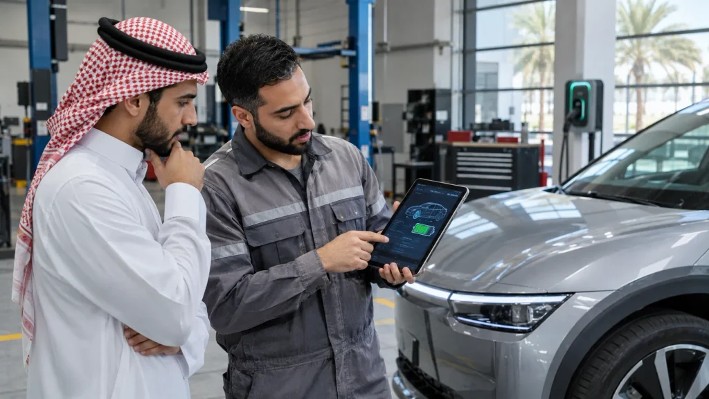 فني ومشترٍ يفحصان حالة بطارية سيارة كهربائية مستعملة داخل مركز خدمة متخصص قبل الشراء.
