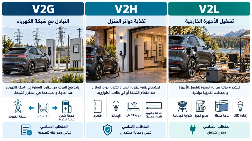 مقارنة بصرية بين V2L لتشغيل الأجهزة الخارجية وV2H لتغذية المنزل وV2G لتبادل الكهرباء مع الشبكة.