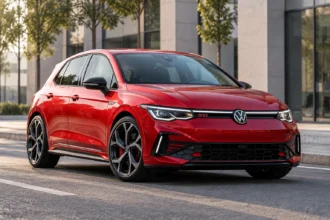 فولكس فاجن ID. Polo GTI الكهربائية من الأمام بزاوية ثلاثية الأرباع.