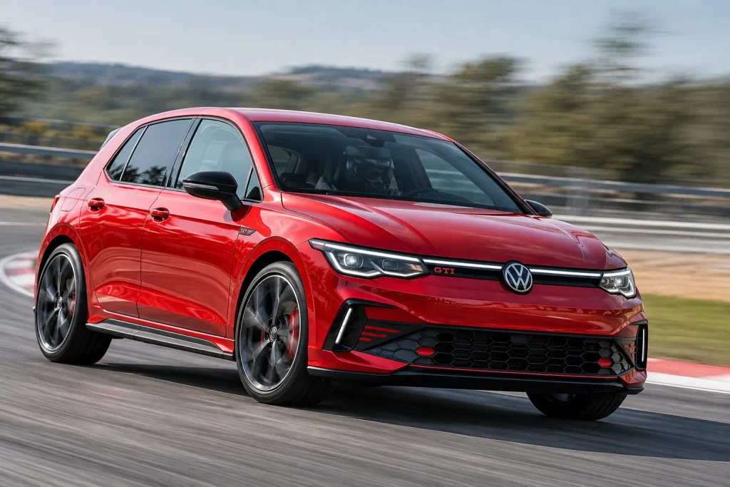 فولكس فاجن ID. Polo GTI الكهربائية أثناء القيادة على طريق مخصص للاختبار.