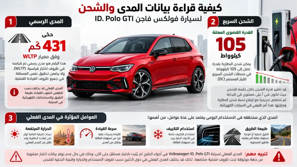 مخطط يوضح الفرق بين مدى فولكس فاجن ID. Polo GTI الرسمي والعوامل المؤثرة في المدى الفعلي.