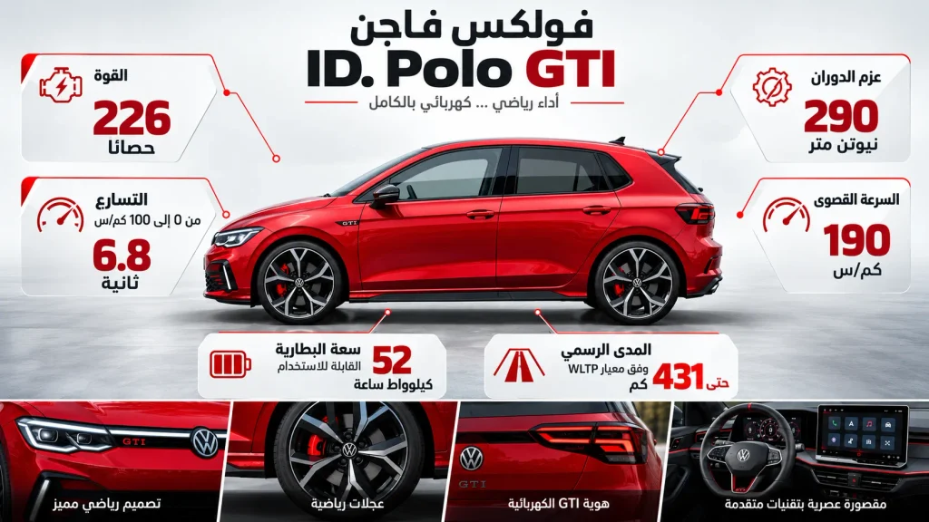 إنفوجرافيك مواصفات فولكس فاجن ID. Polo GTI من حيث القوة والتسارع والمدى والسرعة.