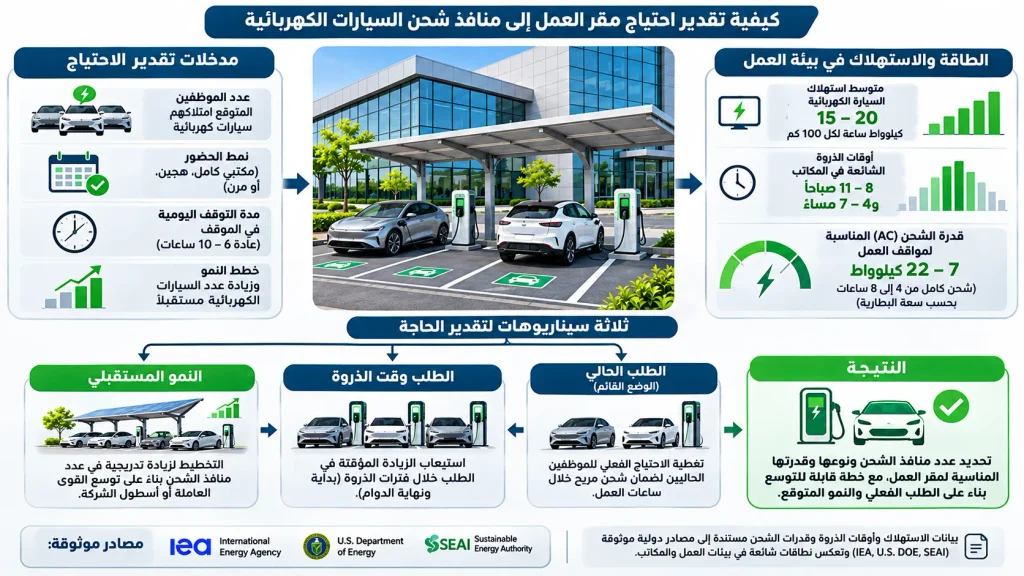 مخطط توضيحي لتقدير عدد منافذ شحن السيارات الكهربائية وفق عدد المركبات وأوقات الذروة والطاقة اليومية المطلوبة.