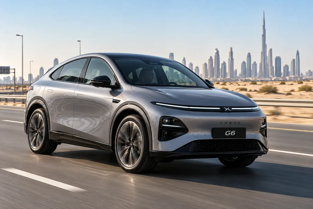 سيارة XPENG G6 الكهربائية تسير على طريق سريع في الإمارات لتوضيح عوامل المدى الواقعي