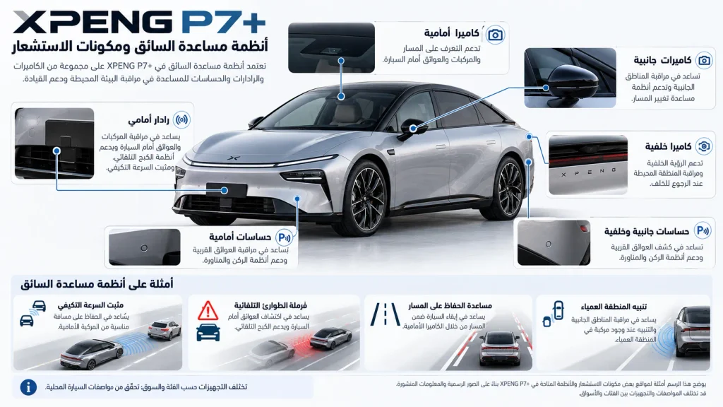 رسم توضيحي لحساسات وأنظمة مساعدة السائق التي يجب التحقق من توفرها في XPENG P7+ بالإمارات