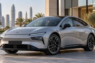 سيارة XPENG P7+ الكهربائية بهيكل Fastback من زاوية أمامية جانبية في الإمارات