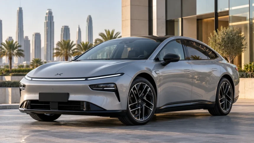 سيارة XPENG P7+ الكهربائية بهيكل Fastback من زاوية أمامية جانبية في الإمارات