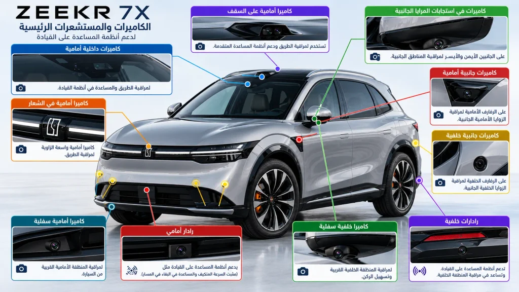 رسم توضيحي لمواضع الكاميرات والمستشعرات في سيارة زيكر 7X المرتبطة بأنظمة السلامة ومساعدة السائق.