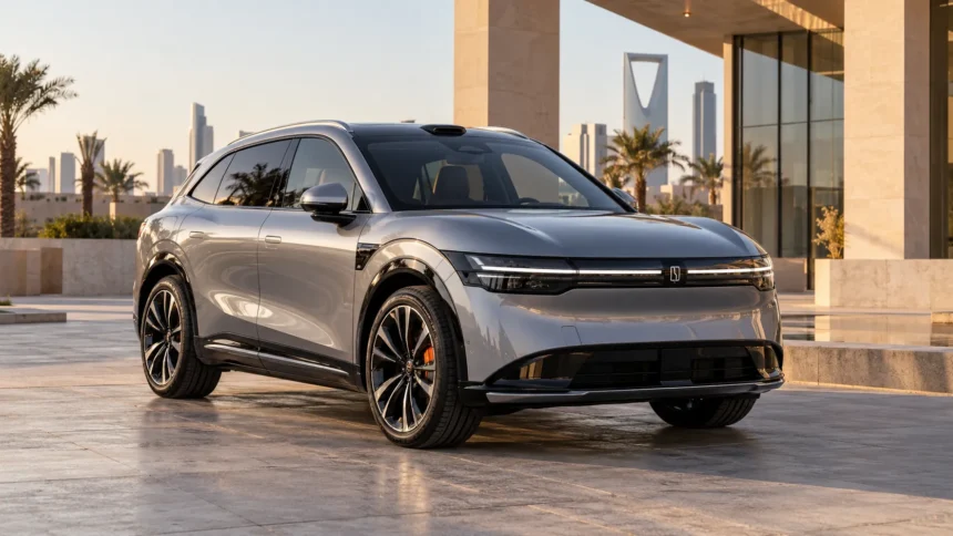سيارة زيكر 7X الكهربائية باللون الفضي من زاوية أمامية جانبية، بتصميم SUV عصري في السعودية.