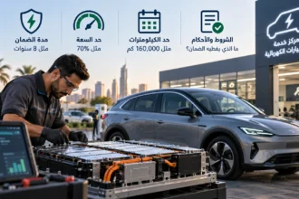 فني يفحص بطارية سيارة كهربائية في مركز صيانة، مع توضيح مدة الضمان وحد السعة والمسافة