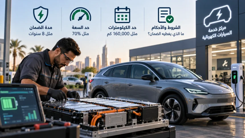 فني يفحص بطارية سيارة كهربائية في مركز صيانة، مع توضيح مدة الضمان وحد السعة والمسافة